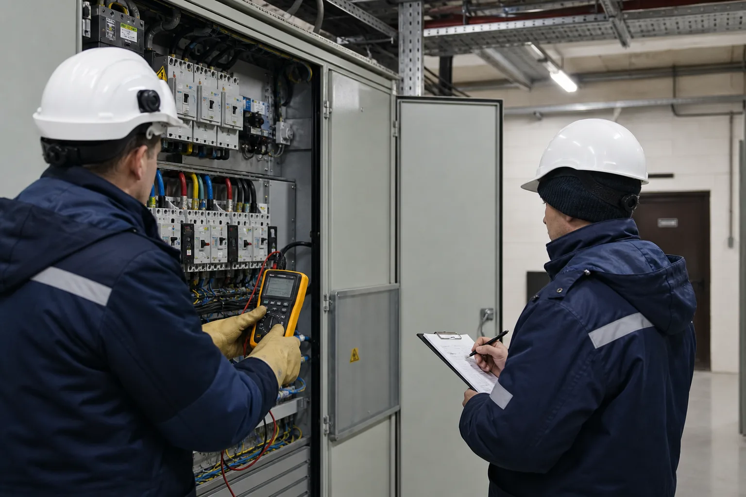 Electricieni efectuând măsurători la un tablou de distribuție