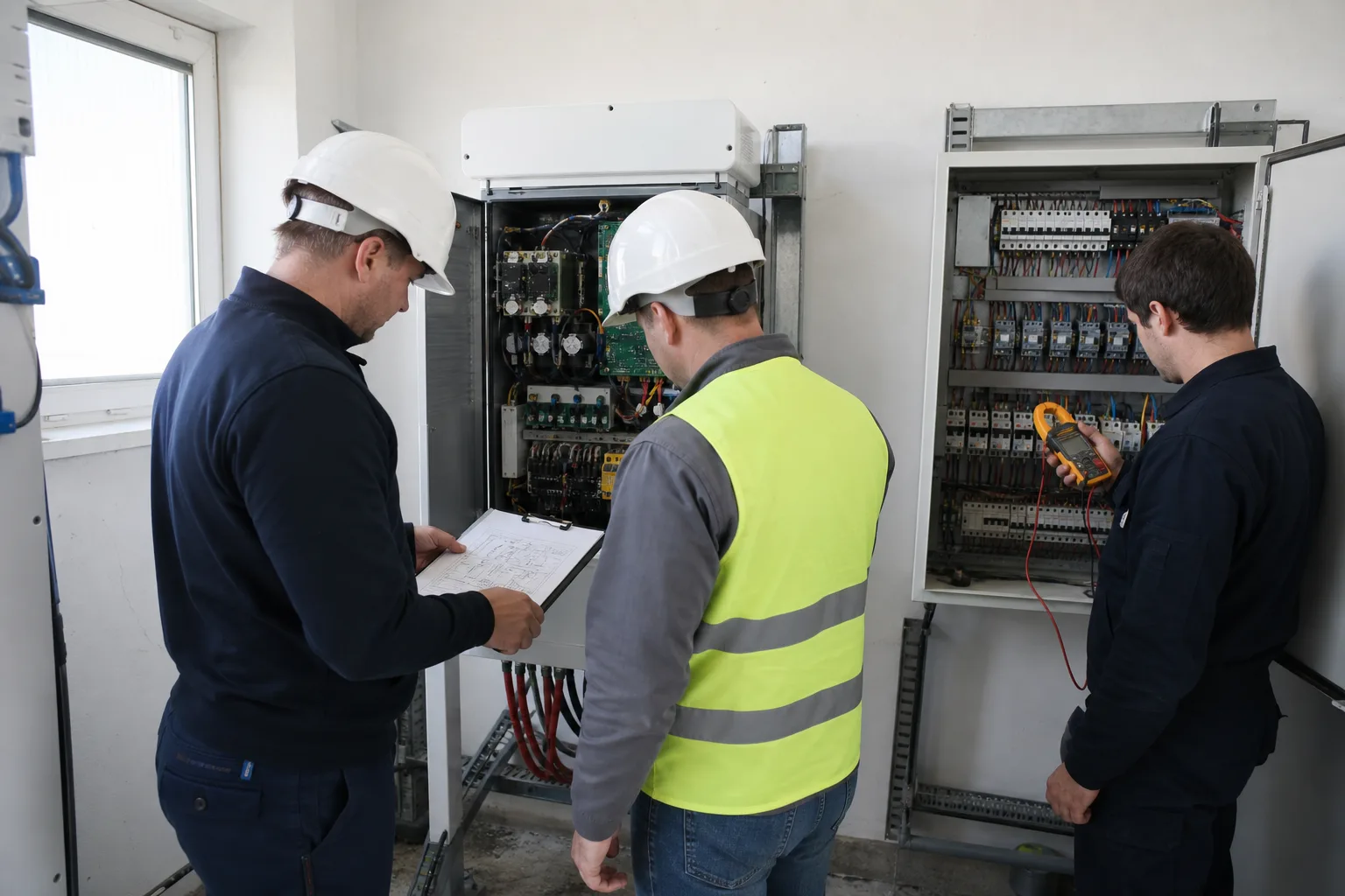 Specialiști în energie verificând o instalație electrică